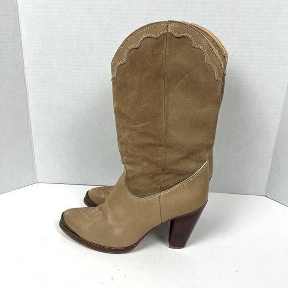 VTG Zodiac Womens Sz 6.5M Shoes Beige Brown Leather Roper Western Cowboy Boots - Picture 1 of 9